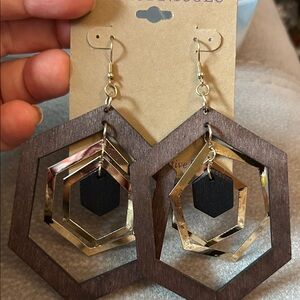 Hexagon Brown and Gold Earrings